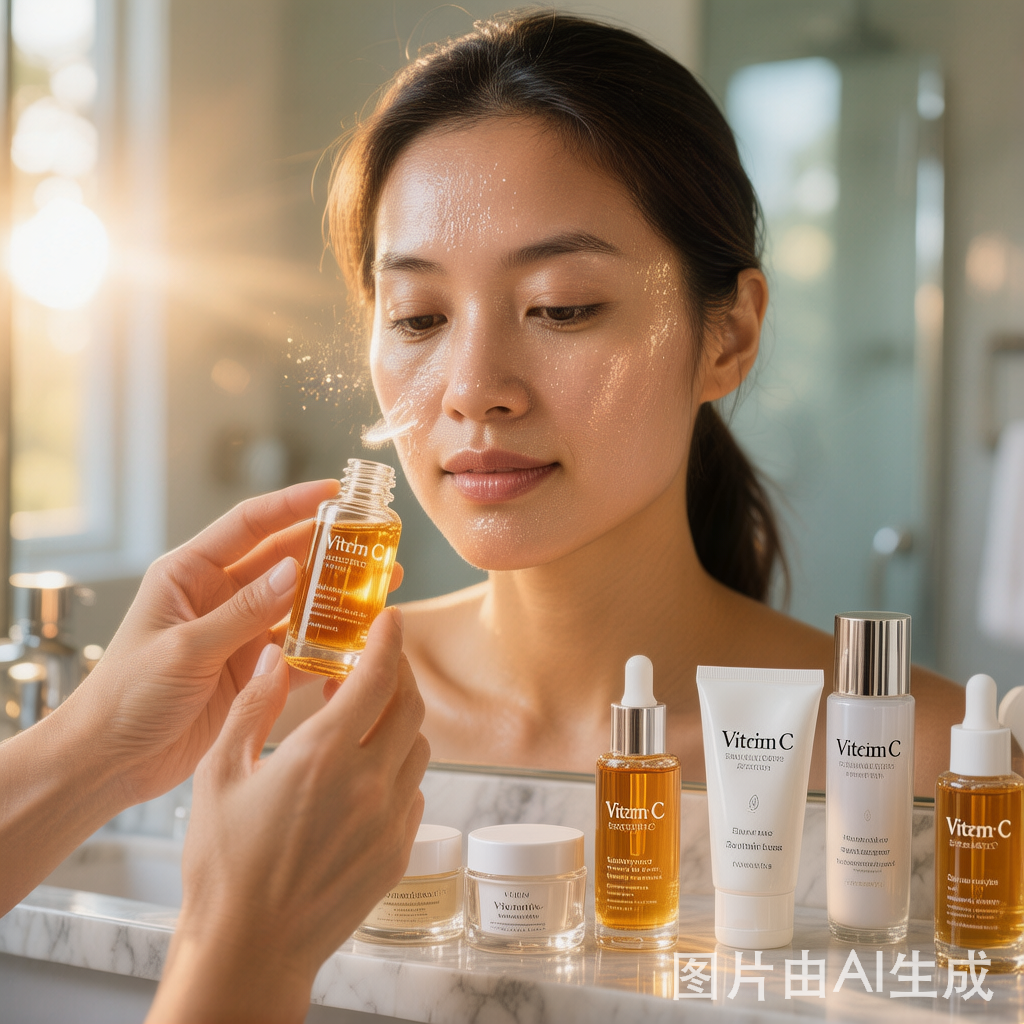 Woman applying vitamin C serum to glowing skin